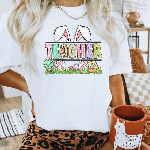 Teacher Easter Bunny Graphic T-shirt Easter Shirt - Picture 1 of 4